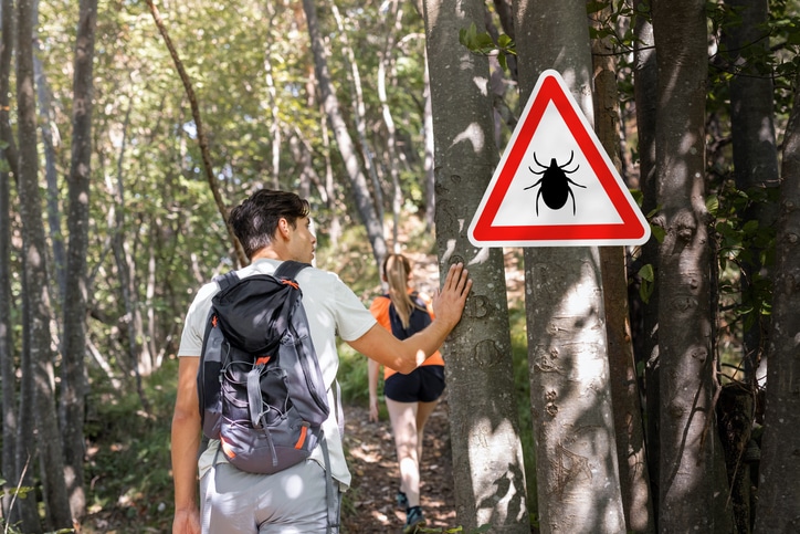 Man and woman hiking in Infected ticks forest